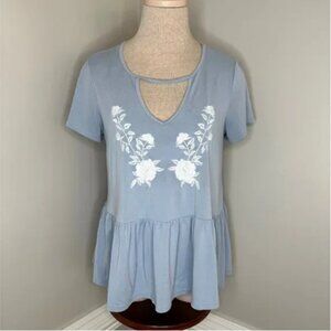 Francesca's Alya Dusty Blue Top, Keyhole Front, Peplum Hem, Embroidered Medium